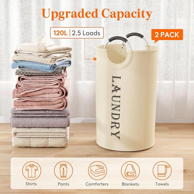 Lifewit 2 Pack 120L Laundry Basket with Aluminum Handles, White - Image 4