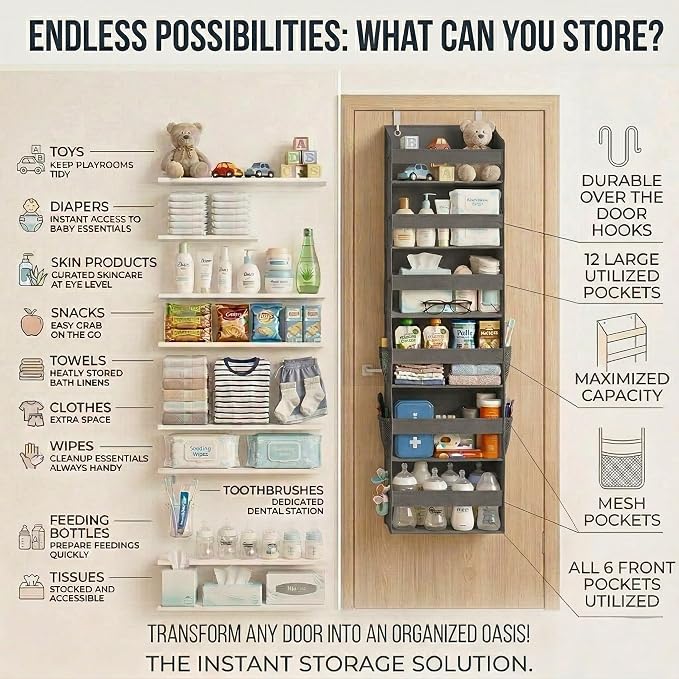 HOMELUX THEORY Over the Door Organizer, 6-Tier, 100D Fabric, Dark Gray 2pc | Over the door shoe organizer, 50 lbs capacity, 12 side mesh pockets, 100D extra thick fabric, Closet & entryway storage - Image 6