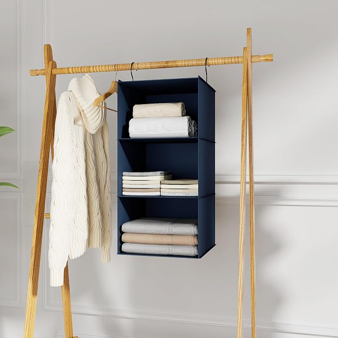 Hanging Closet Organizer 3-Shelf, Oxford Fabric Wardrobe Storage, Navy Blue | Easy-mount foldable design holds clothes, handbags, shoes & accessories; washable Oxford fabric, sturdy and space-saving. - Image 9