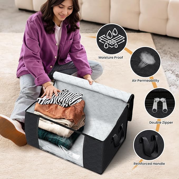 Fab totes 3 Pack Storage Bags for Clothes Blanket Storage Bins with Lids | Foldable Closet Organizers with Zippers,Window and Handles,Fabric Storage Bins for Sweater,Comforter,Bedding,Dorm essentials - Image 4