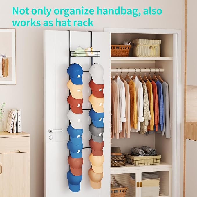HapiRm Over the Door Purse Organizer - Wall Mounted Purse Rack with 16 Hooks and Metal Basket, Hanging Handbag Organizer Holds up to 16 Bags, Bag Rack Can Use As 1/2 Part, for Door, Closet (Black) - Image 8