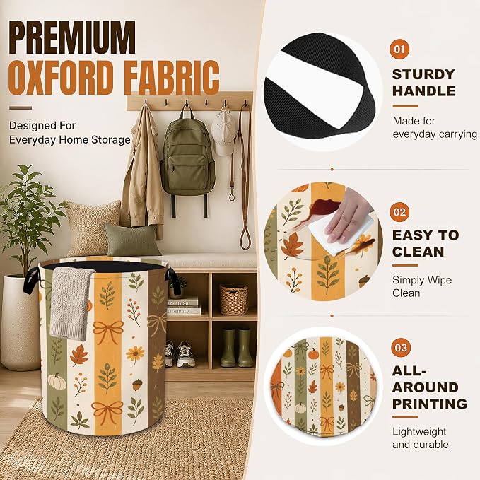 Decorative Laundry Hamper with Fall Pumpkin,Autumn Flower Foldable Oxford Basket with Handles, Portable Clothes Storage Organizer and Dirty Clothes Basket for Laundry Room Bedroom Bathroom Dorm - Image 3