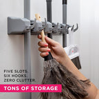 Berry Ave Broom Holder Wall Mount and Garden Tool Organizer, Closet Storage, Kitchen Rack, Home Organization and Garage Organizer for Rake or Mop Handles Up to 1.25-Inches, Hanger Plus 6 Hooks (Grey) - Image 3