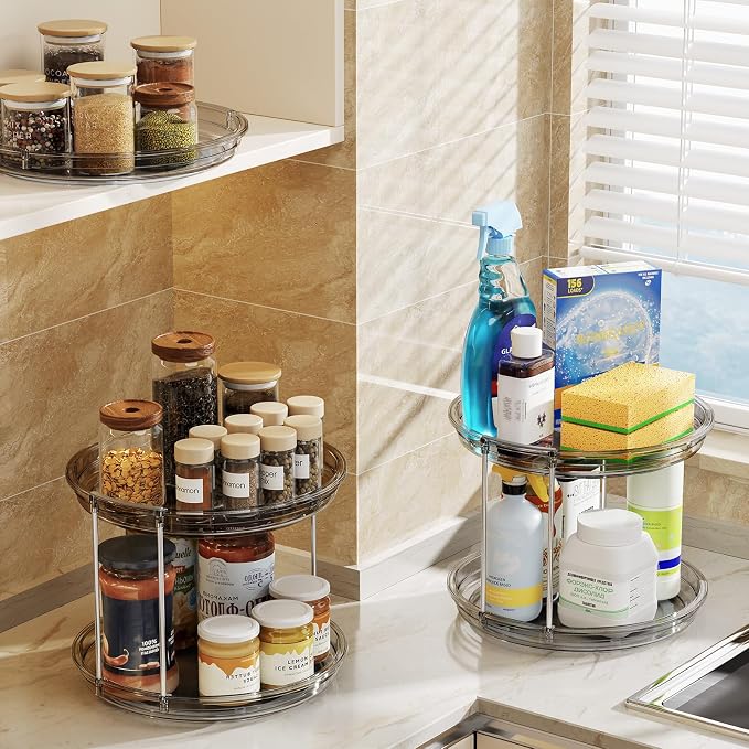 LAMU 2 Pack 2 Tier Lazy Susan Turntable Organizer 9.25'' Rotating Spice Rack Organization for Cabinet, Kitchen, Pantry, Countertop, Bathroom, Vanity, Medicine Cabinet Organizer, Grey - Image 7