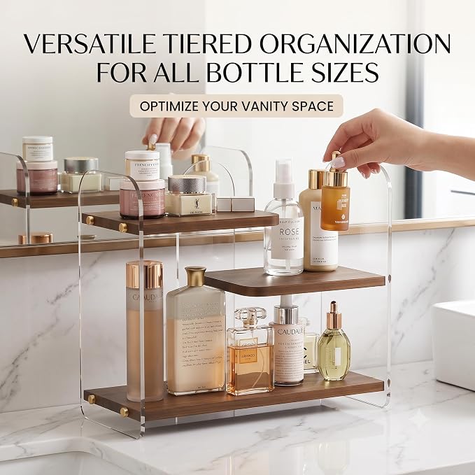 3-Tier Acrylic & Wood Bathroom Vanity Countertop Organizer Shelf - Image 3