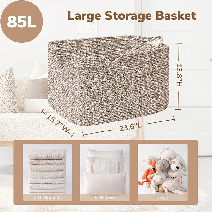 Goodpick 85L Large Woven Rope Blanket Basket, Rectangle, Brown - Image 3