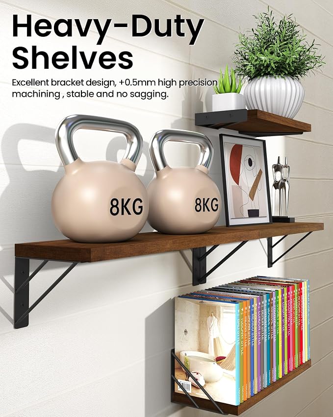 BAYKA Floating Shelves for Wall, Wood, Dark Brown, Set of 4, 16in - Image 5