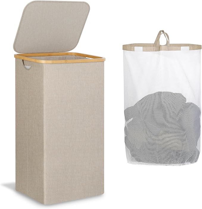 IEGrow Laundry Hamper with Lid,110L Laundry Basket with Mesh Bags,Oatmeal by iEGrow