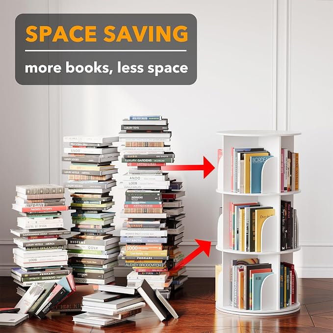 SpaceAid 3 Tier Rotating Bookshelf Tower, Spinning Bookcase Lazy Susan, Revolving 360 Book Shelf Storage Round Carousel, Vertical Rotate Turning Spiral Corner Organizer, White - Image 3