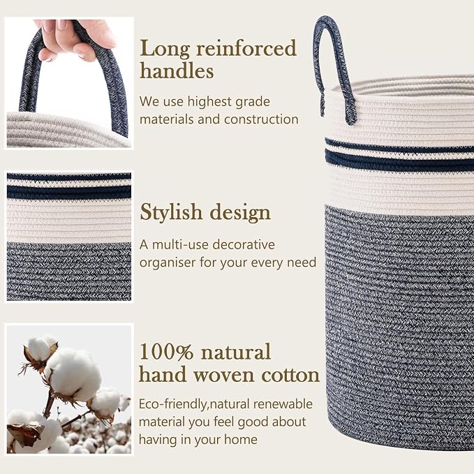Woven Rope Laundry Hamper Basket by YOUDENOVA, 58L Tall Luandry Basket, Baby Nursery Hamper for Blanket Storage in Bedroom-Large-Blue - Image 5