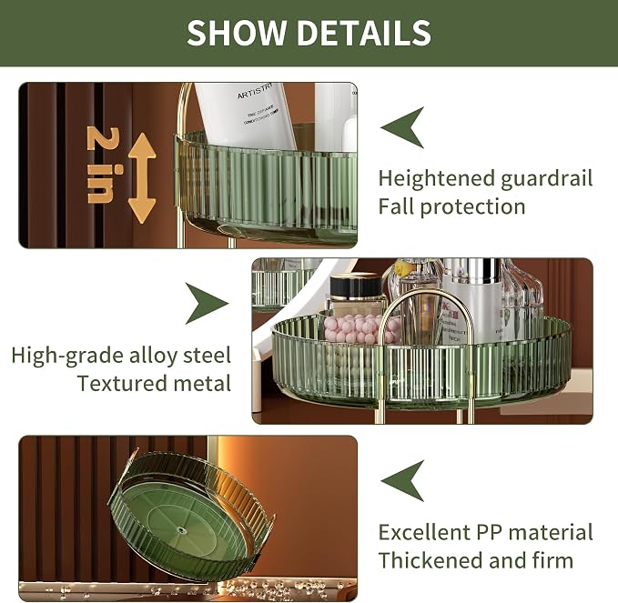 YCIA&DONE 360 Rotating Makeup Organizer and Storage for Vanity Countertop 1 Tier, High Capacity Cosmetic Skincare Perfume Organizers for Dresser Bathroom Fridge Lazy Susan (Vintage Green) - Image 3