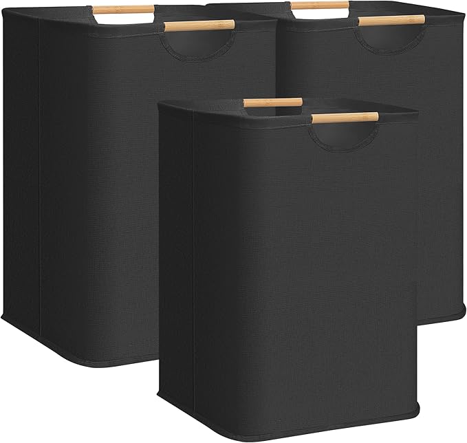 STORAGE MANIAC 3-Pack Large Laundry Hamper, 100L (26.4 Gal) Collapsible Laundry Basket with Bamboo Handles, Freestanding Waterproof Clothes Hamper for Laundry Room, Bedroom, Dorm, Towels, Black by STORAGEMANIAC