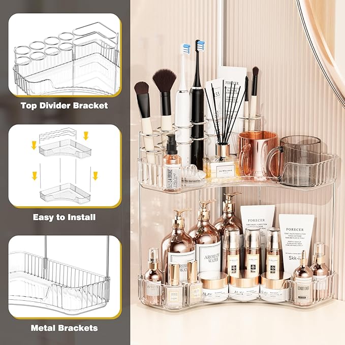 Asayuee 2-Tier Corner Bathroom Counter Organizer with Top Toothbrush Holders,Large Makeup Organizer Countertop with Brush Holder,Skincare Organizers Corner,Exquisite Vanity Organizer(Clear, 2 Tier) - Image 6