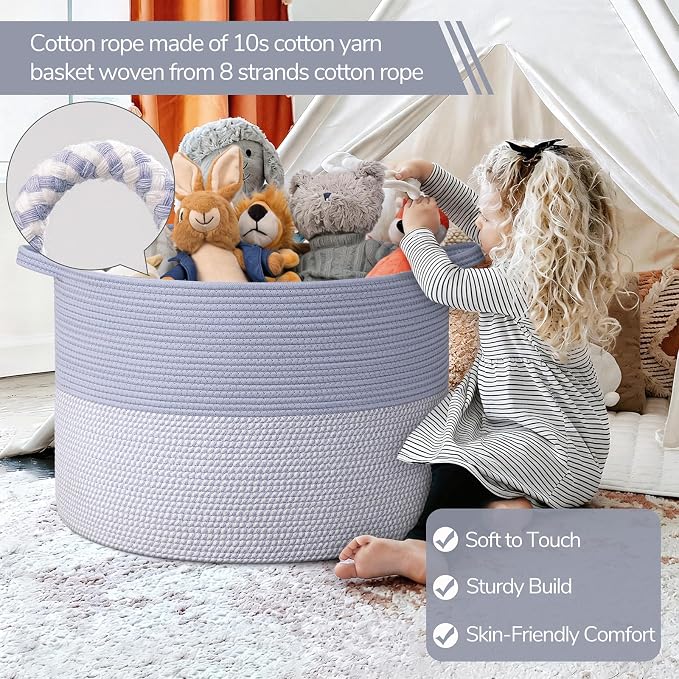 INDRESSME 115L Extra Large Woven Rope Blanket Basket Living Room Blue - Image 3