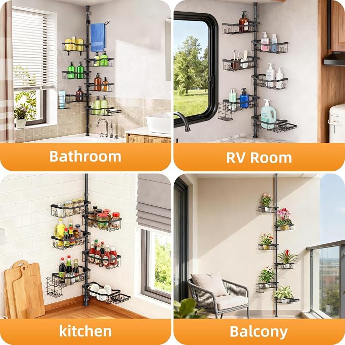 Shower Caddy Corner, 6 Tier Tension Pole Rod Bathroom Organizer Shelves, Adjustable Bathtub Shampoo Stand Rack with Towel Rack 2 Holders for Inside Shower Storage, 47-122 Inch, Black - Image 7