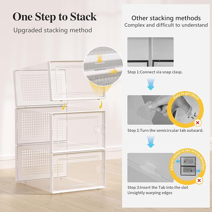 Kuject X-Large Shoe Storage Boxes 12 Pack, Clear Stackable Shoe Organizer | Shoe Case for Closet, Entryway & Under-Bed Storage, Drop-Front Design, Space-Saving Solution for Family Organization,White - Image 4