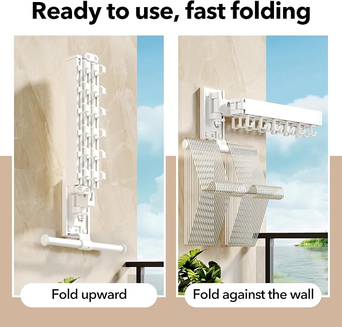 HEILAIYI Wall Mounted Clothes Hanger,Clothes Drying Rack,Laundry Drying Rack,Clothes Rack Wall Mount,Drying Rack Clothing,Retractable,Collapsible,can Fold Upward & Left & Right (Upgrade-White) - Image 2