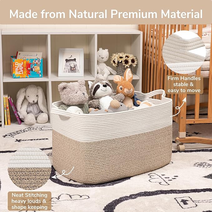 Goodpick 85L Large Woven Rope Blanket Basket, White & Light Brown - Image 6