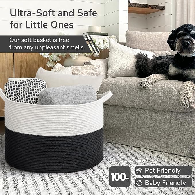 INDRESSME XXXLarge Woven Rope Blanket Basket Living Room White Black, 90L - Image 6