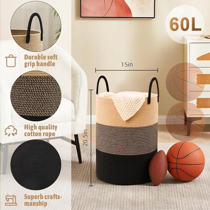 Artfeel Laundry Basket,Woven Cotton Rope Laundry Hamper,60L for Decorative Storage of Dirty Clothes,Toys and Blankets in Bathroom,Bedroom and Living Room - Image 6