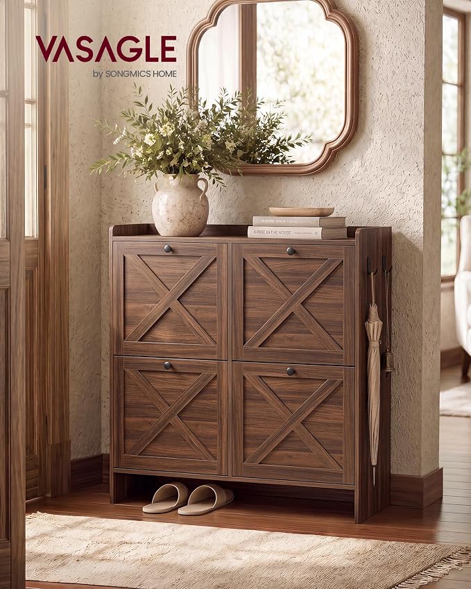 VASAGLE Narrow Shoe Storage Cabinet Organizer with 4 Flip Drawers | Freestanding Shoe Rack, Fits 16 to 24 Pairs, for Entryway, Farmhouse Style, Chestnut Brown, HANIS Collection UHSC403KX01S - Image 3