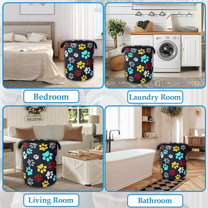 Colourful Paw Prints Laundry Basket Collapsible Laundry Hamper with Handle, Oxford Clothes Storage Bin for Bathroom Bedroom Room Decor 16" X 20.8" - Image 6