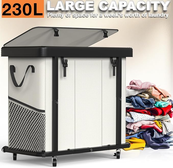 Laundry Basket with Wheels, 230L(60Gal) Laundry Sorter 3 Section - Beige - Image 3