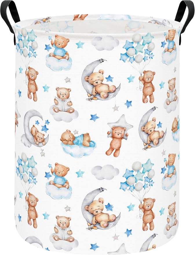 Round Bear Pattern Laundry Hamper, Cotton Canvas Storage Bin by ONOEV