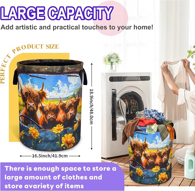 Highland Cow Laundry Basket Foldable Oxford Cloth Hamper 18.9 x 16.5 Inch - Image 2