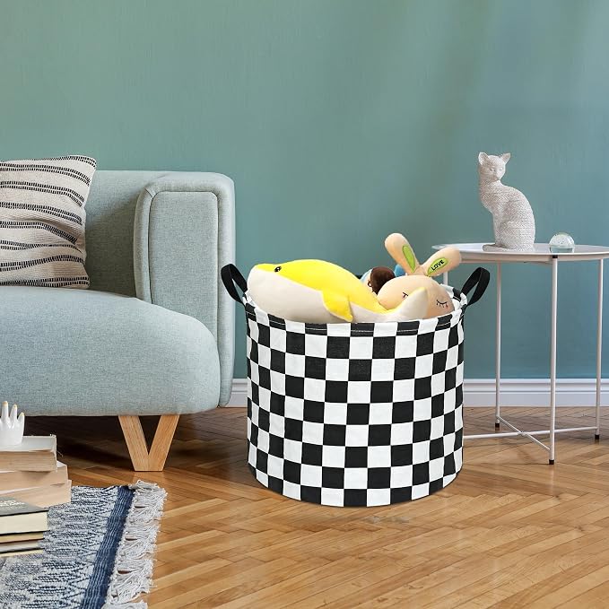 3 Pack Checkered Storage Baskets with Leather Handles, Foldable Fabric Toy Storage Bins with Waterproof Lining, Large Round Laundry Hamper for Kids Room, Nursery, Bedroom, Playroom Organization - Image 6