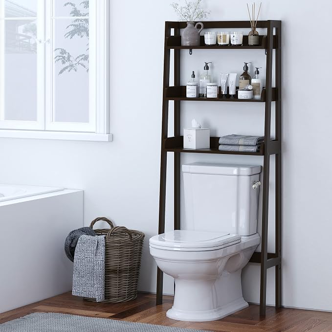 UTEX Behind Toilet Bathroom Organizer, 3-Tier Wood Ladder Shelf, Espresso - Image 2