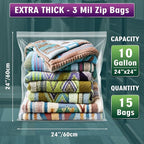 Extra Large 10 Gallon Zippered Plastic Bags for Storage- 24'' x 24'', Ideal for Clothes Clothing, Travel, Moving, 3-mil Extra Thick Clear Plastic, 15 pack - Image 2
