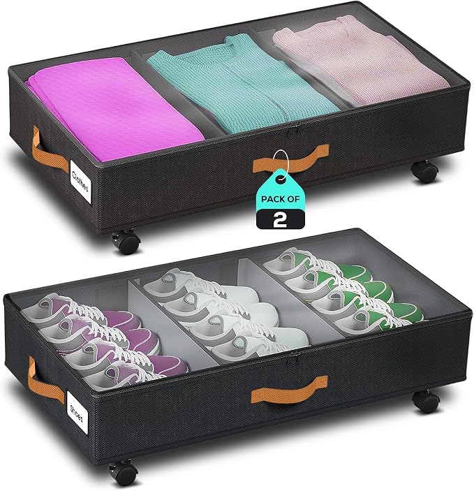 Under Bed Storage with Wheels, 2 Pack (36L Each)| Low Profile Storage Organizer with Clear Window, Double Zipper & 360° Locking Wheels – Rolling Metal Drawer for Clothes, Shoes, & More (Black) by Unknown