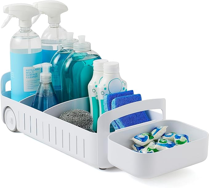 YouCopia RollOut Caddy Rolling Storage Bin with 2 Adjustable Dividers and Removable Basket for Kitchen and Bathroom Under Sink Organization, 8" Wide by YouCopia