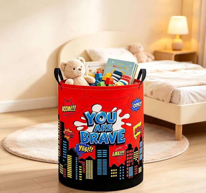 Baby Laundry Basket Baby Nursery Hamper Kids Laundry Basket Toy Storage Bin for Boys Room Decor Gift Baskets for Bedroom Bathroom(Red City) - Image 4