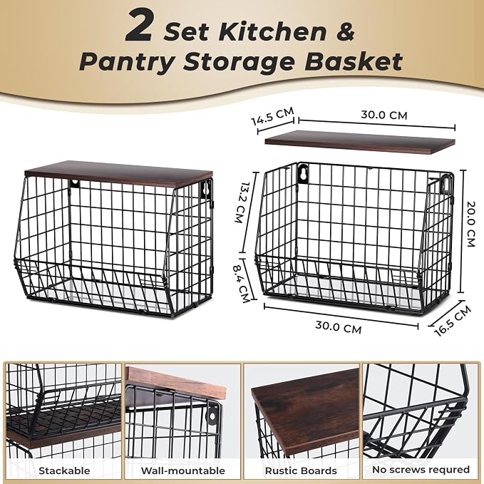 Mefirt 2pcs Fruit Basket Kitchen Storage Basket with Wood Lid - Image 2
