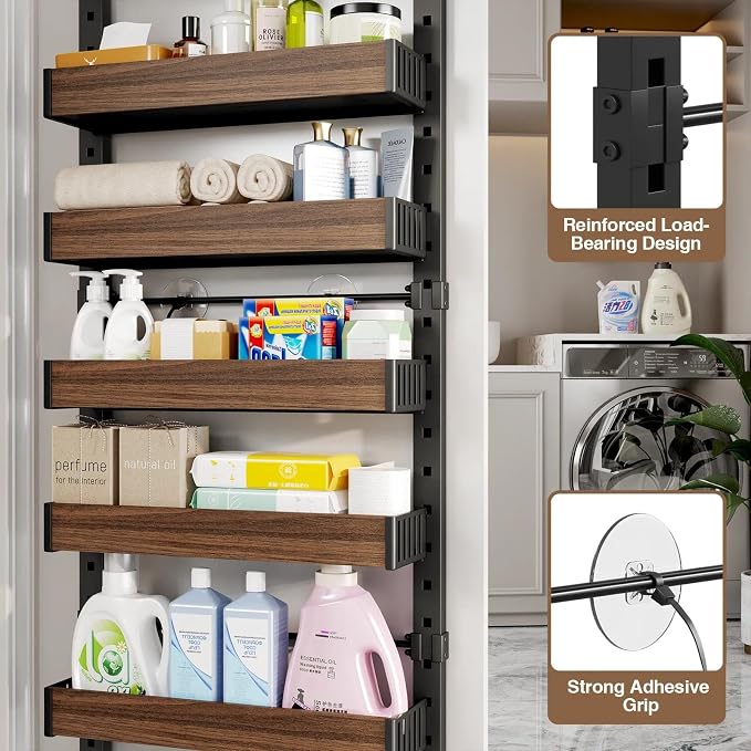 8 Tier Over the Door Pantry Organizer with Adjustable Wooden Baskets, Heavy Duty 2 in 1 Wall Mounted & Hanging Spice Rack for Kitchen, Cabinet and Closet Organization - Image 6