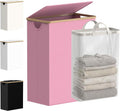 efluky Slim Laundry Basket with Lid, Narrow Laundry Hamper with Removable Bag, Skinny Dirty Clothes Basket with Bamboo Handles for Bathroom, Bedroom & Laundry Room, 65L Pink by efluky