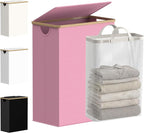 efluky Slim Laundry Basket with Lid, Narrow Laundry Hamper with Removable Bag, Skinny Dirty Clothes Basket with Bamboo Handles for Bathroom, Bedroom & Laundry Room, 65L Pink by efluky