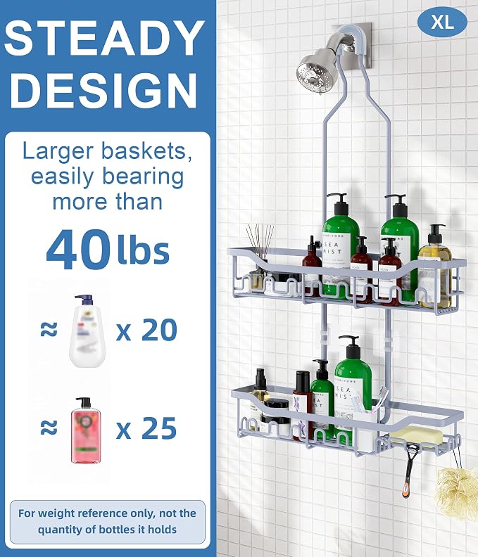 Shower Caddy Hanging Organizer, Extra Large Rack Over Showerhead with Hooks, Adjustable Height Shower Caddy for Big Shampoo Bottle, Grey - Image 5
