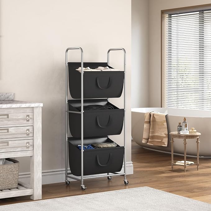 ELYKEN 3-Tier Vertical Rolling Laundry Hamper with Wheels & Removable Bags - Image 9