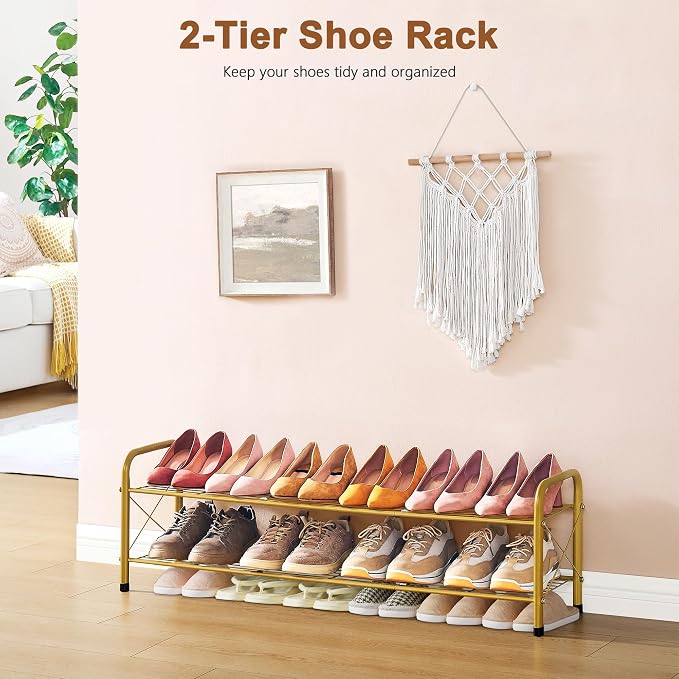 Hoctieon 2 Tier Shoe Rack for Closet, Durable Mesh Style Shoe Rack, Entryway Shoe Shelf, Shoe Storage Organizer for Hallway, Bedroom, Living Room, Wardrobe, Gold - Image 4
