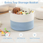 Foldable Laundry Hamper Basket with Collapsible Handle Cotton Rope Soft Woven Fabric Storage Organizer Clothes Toys Nursery Bedroom Dorm Space Saving Bin (White & Blue, 80L(21.7"D x 13.8"H)) - Image 4