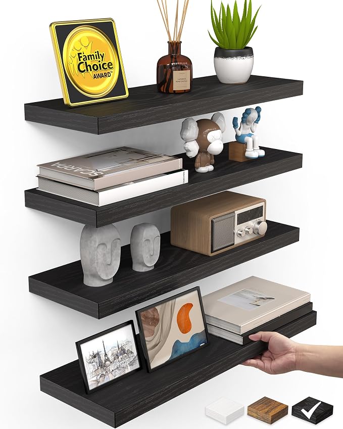 BAYKA Black Floating Shelves 15.7in, Set of 4, Wall Mount Rustic Wood Shelf by Bayka