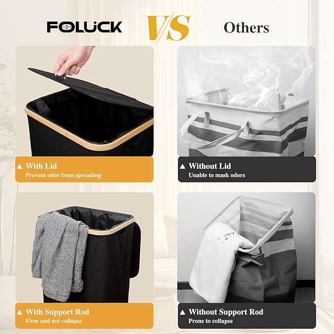Foluck 100L Laundry Hamper with Lid Removable Bag and Bamboo Handles - Image 5