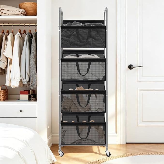 STO STO 4-Tier Vertical Rolling Laundry Hamper, Removable Bags, Black Mesh - Image 7