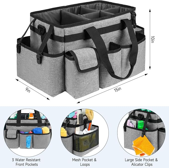 Cleaning Caddy Bag,Large Cleaning Supplies Organizer with Handle for Housekeepers,Gray - Image 3