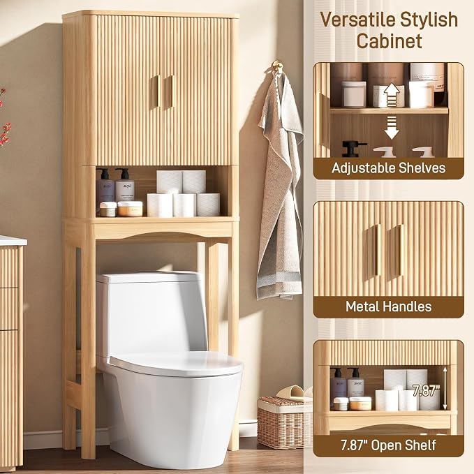 Vabches Farmhouse Over Toilet Storage Cabinet with 2 Fluted Doors,Natural - Image 4