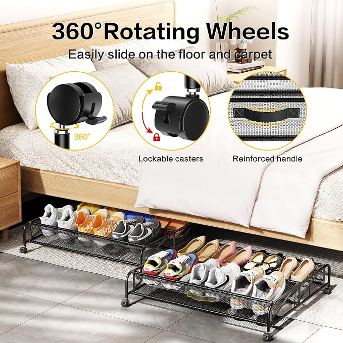 Under Bed Shoe Storage Organizer, 2 Pack Under Bed Storage Containers with Wheels for Under Bed Shoe Organizer Drawer Space Saving for bedroom - Image 2