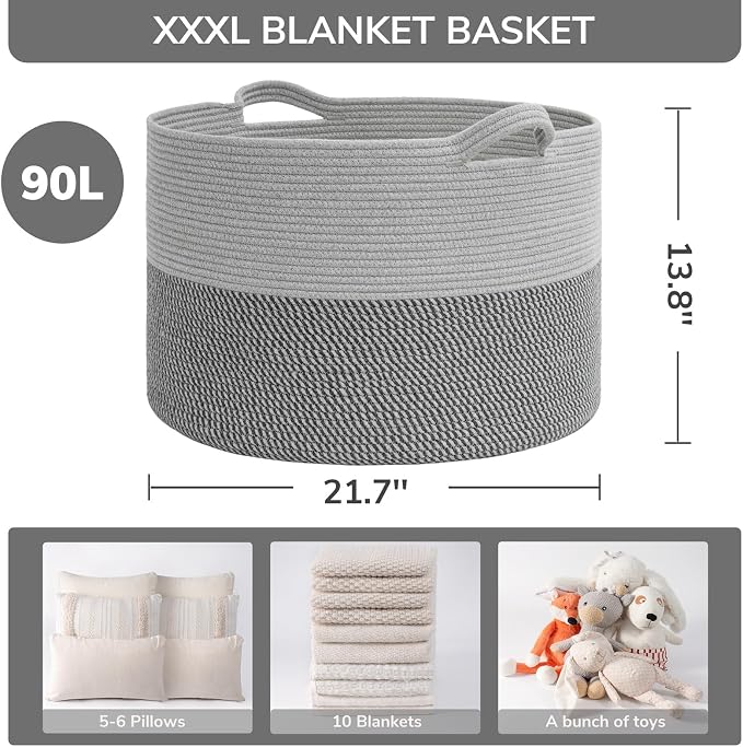 INDRESSME XXXLarge Woven Rope Blanket Basket Living Room Grey, 90L - Image 3